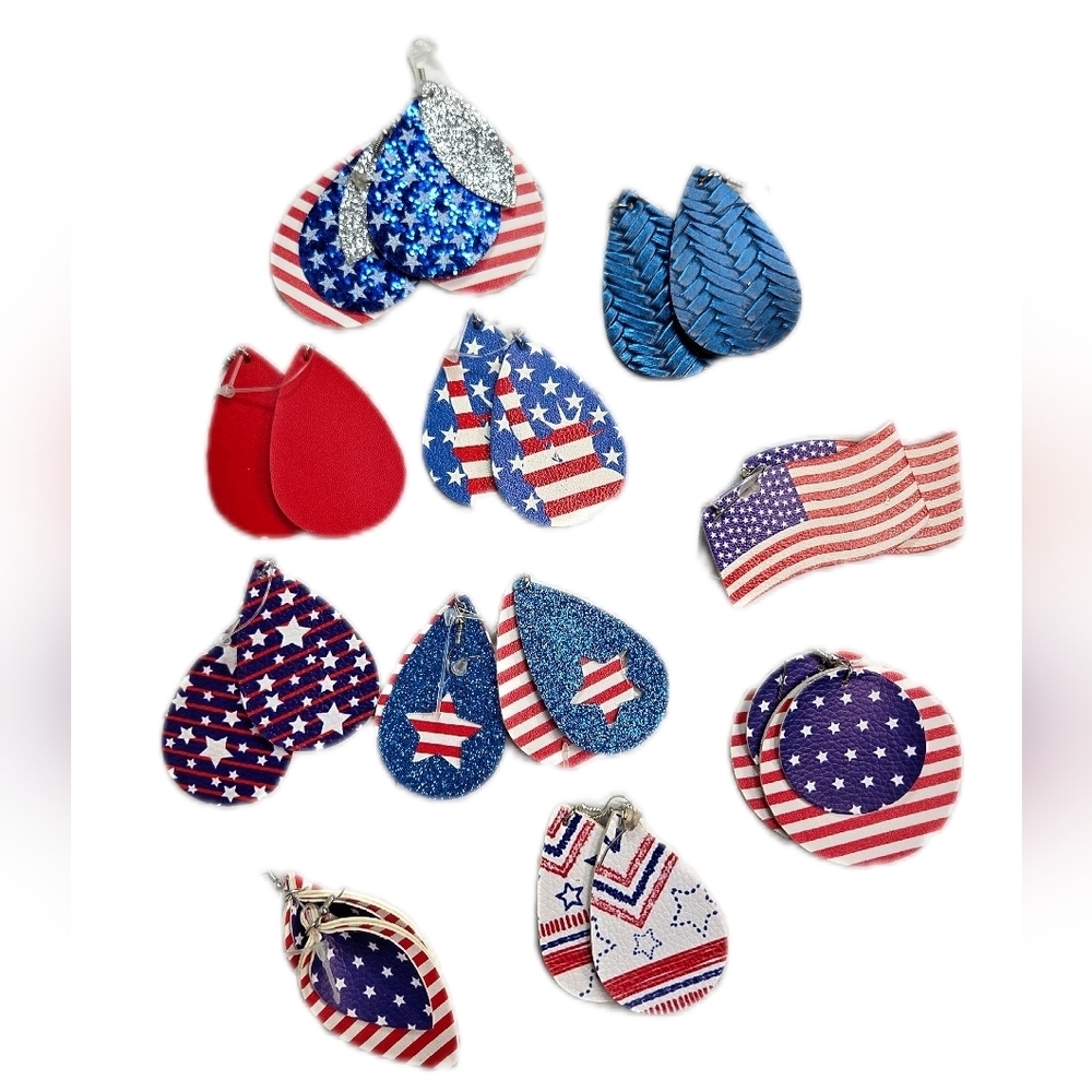 Patriotic Ten Earrings Set Red Blue Silver White Glitter Americana